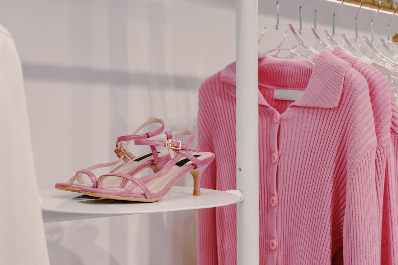 heros-img Elegant pink sandals and a knit sweater displayed on a shelf in a fashion boutique.